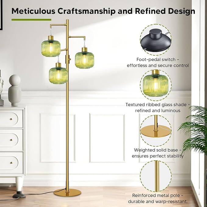 Glass Floor Lamps for Living Room, Stepless Dimmable Tree Standing Lamp with Green Lamp Shape, 69In Modern Tall Lamps for Bedroom, Rotary Switch, 3×600LM LED Bulbs Included