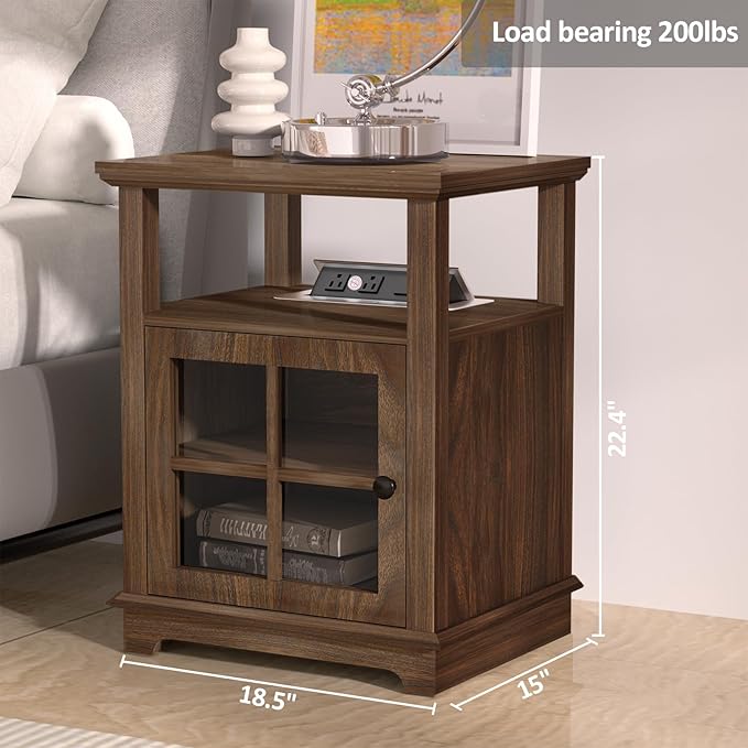 HIFYOBRO 18'' End Table with Charging Station, Adjustable Shelf & Storage, Modern Farmhouse Nightstand for Bedroom, Living Room, Office