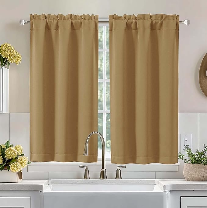 Aiyufeng Gold Short Blackout Curtains for Bedroom 45 Inches Long 2 Panels Set, Solid Thermal Insulated, Energy Saving Window Treatment Curtains Blackout Drapes, W40 x L45 Inch, Gold