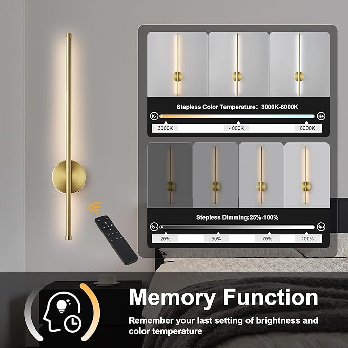 Battery Operated Modern Wall Sconces, Dimmable Wireless Wall Light Set of Two with Remote Control, 3 Color Temperatures, Rechargeable LED Wall Sconce for Bedroom, Living Room, Hallway, 23.6 Inch Brass