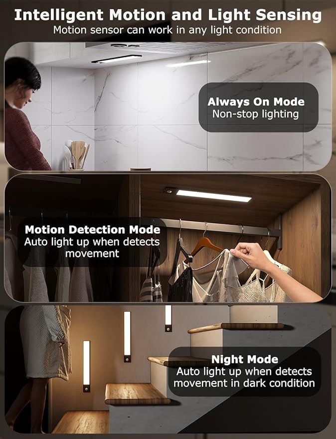 12" Ultra-Thin Under Cabinet Lighting Wireless, Aluminum Alloy Under Counter Lights for Kitchen, 3-Color-Temps Magnetic Closet Lights, Rechargeable Motion Sensor Light Indoor (2 Pack, Black)