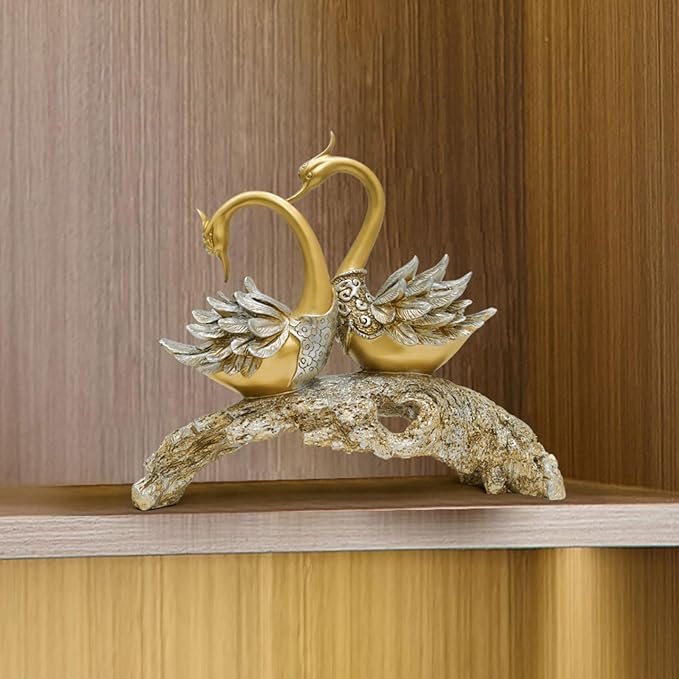 14.2" Gold Couple Swan Decor Figurine Modern Simulation Animal Sculpture Art Ornament Home Table Statue