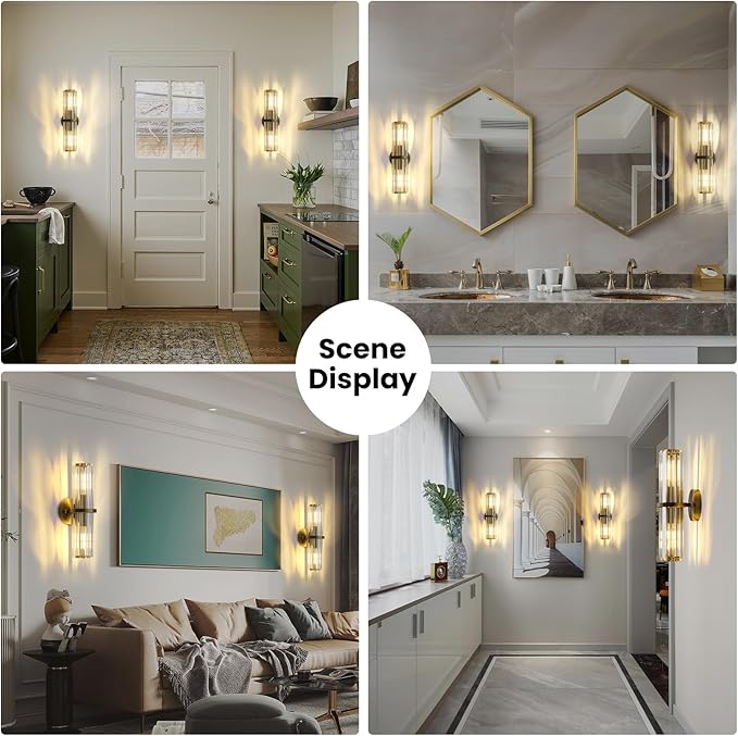 Crystal Wall Sconce Set of Two, Brushed Gold Bathroom Wall Light, Modern Sconces Wall Decor. 2-Light Luxury Indoor Wall Lamp 15.7-Inch for Living Room, Hallway, Mirror, Bathroom, Vanity. E26