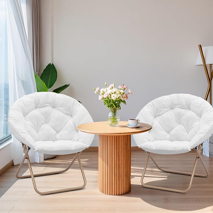 Magshion Saucer Chair for Adults, Comfy Living Room Lounge Chair for Bedroom Corner, Dorm, Apartment, Faux Fur Fluffy Circle Accent Seat with Thick Padded & Folding Metal Frame (White, Set of 2)