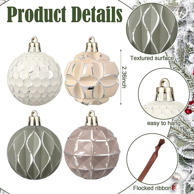 Syhood 24 Pcs Neutral Textured Christmas Ball Ornaments 2.4 Inch Vintage Xmas Tree Decorations Rustic Distressed Xmas Baubles Antique Farmhouse Modern Christmas Decor for Tree Home (Neutral)
