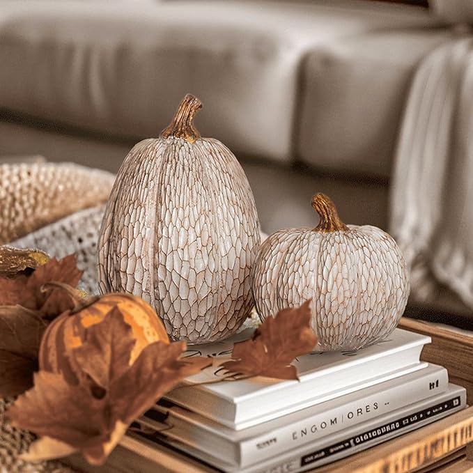 Thanksgiving Resin Pumpkins Fall Decor, Brown and White Decorative Pumpkins Figurine, Artificial Carved Faux Pumpkin Statues for Rustic Fall Tabletop Home Decor, Farmhouse, Autumn, Harvest, Wedding
