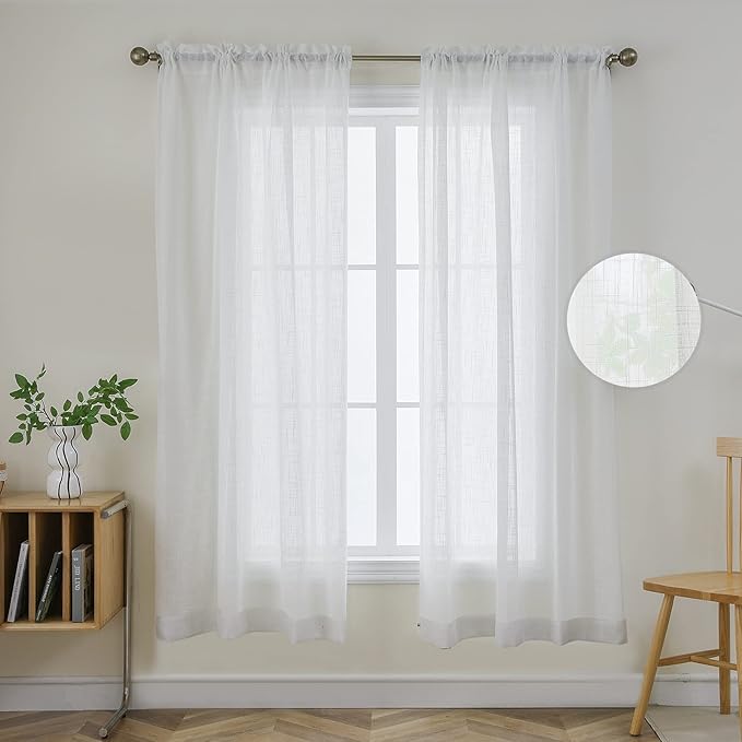 Joydeco White Sheer Curtains 63 Inch Length 2 Panels Set, Rod Pocket Linen Sheer Curtain Drapes, Voile Window Treatments for Bedroom Living Room (54x63 inch,Cross Pattern)