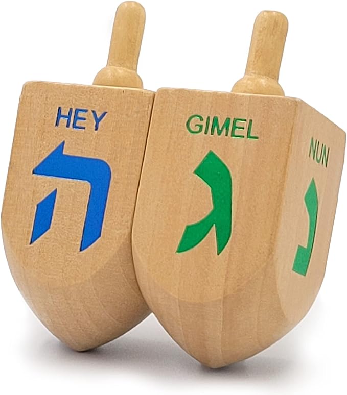 The Dreidel Company Hanukkah Dreidel 4 Extra Large 3" Inch Wooden Dreidels Hand Painted - Includes Game Instruction Cards- (4-Pack XL Dreidels)