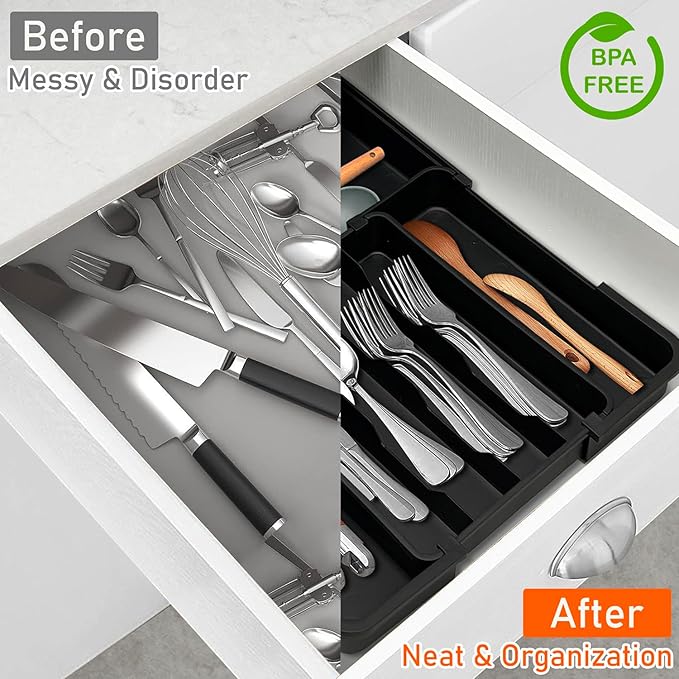 Silverware Organizer - Expandable Kitchen Drawer Organizer, Utensil Drawer Organizer, Adjustable Plastic Flatware and Cutlery Holder, Kitchen Organizers Storage for Forks Knives, Black