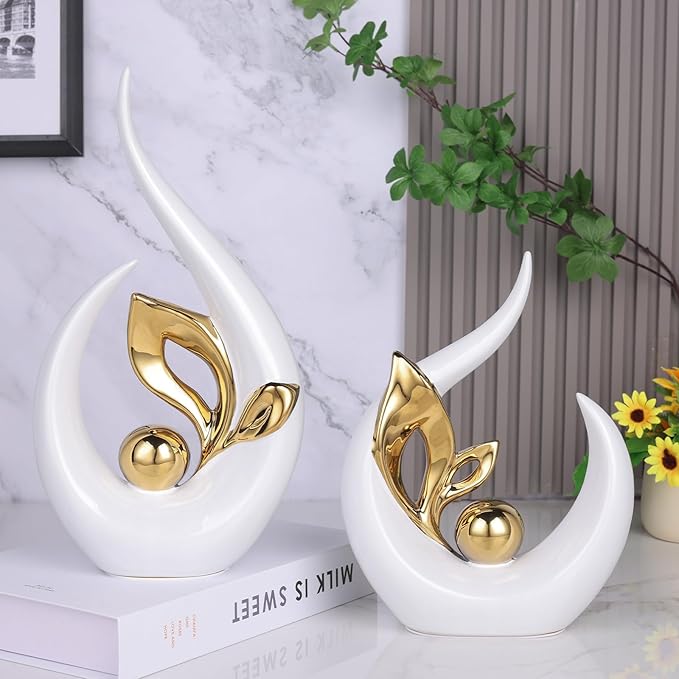 13" H White Gold Abstract Sculptures Home Decor, Ceramic Art Statue Cool Stuff to Put on Shelves&tv Stand Decor, Gold Accent Entertainment Center, for Fireplace Coffee Table Dining Table Decorate