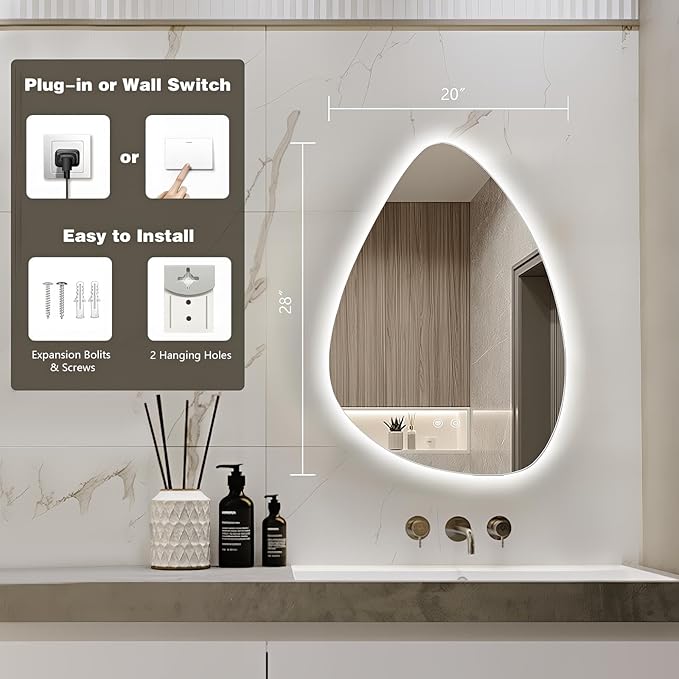 Niccy Irregular LED Bathroom Mirror, 20"x28" Asymmetrical Backlit Vanity Wall Mirrors, Frameless Lighted Mirrors for Bedroom, Living Room, Modern Smart-Mirror with Anti-Fog, Dimmable, Memory Function