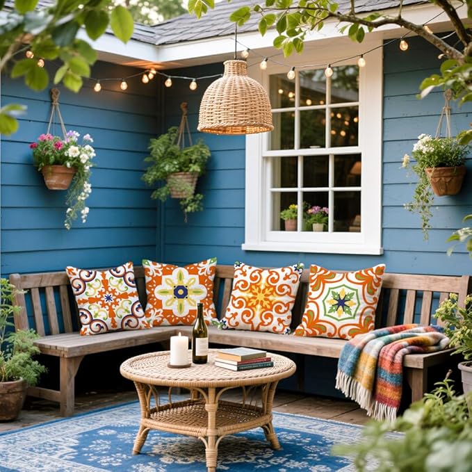 Cirzone Outdoor Pillow Covers 18x18 Set of 4 Morden Orange Geometric Patterns Waterproof Throw Outdoor Pillows Boho Decorations for Funiture Patio Garden Home