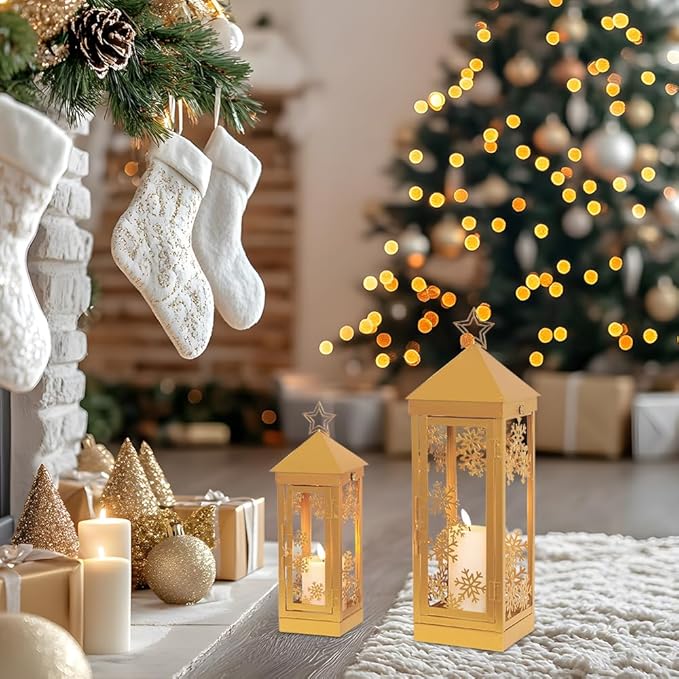 NEEDOMO Christmas Decorations Outdoor&Indoor, 17''/12'' Metal Candle Lantern Decor,Christmas Lanterns with Snowflakes Stars and LED Candle for Home Porch Patio Table Centerpieces, Xmas,No Glass