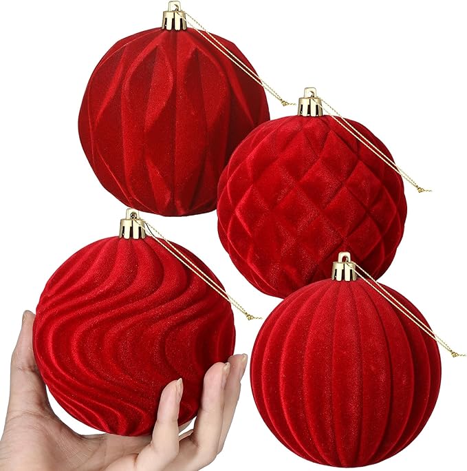 4 Pcs 4 Inch Large Velvet Christmas Ball Ornaments Vintage Christmas Plastic Ball Ornaments Flocked Tree Hanging Decoration for Xmas Party Wedding Home Decor(Red)