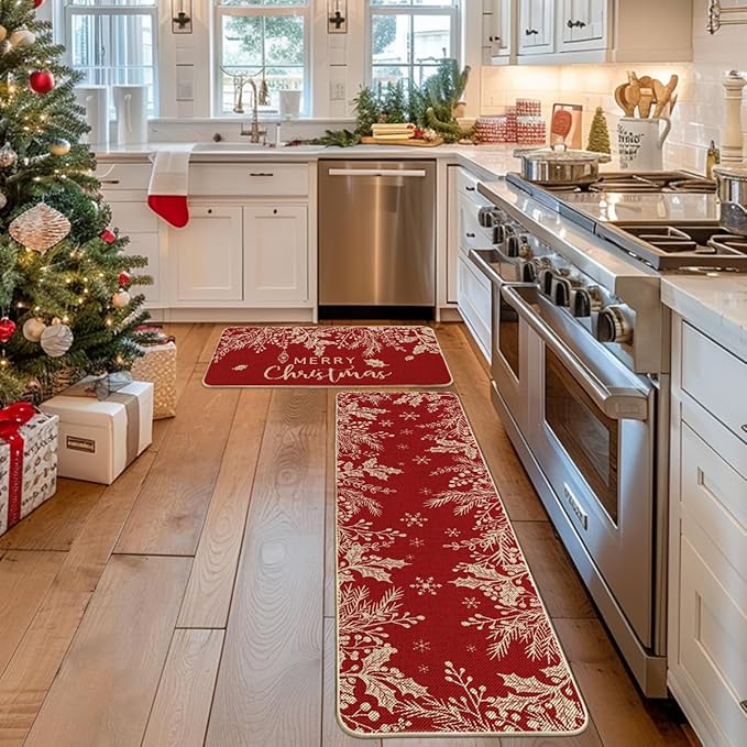 Artoid Mode Holly Pine Branches Leaves Merry Christmas Kitchen Mats Set of 2, Winter Decor Low-Profile Kitchen Rugs for Floor - 17x29 and 17x59 Inch