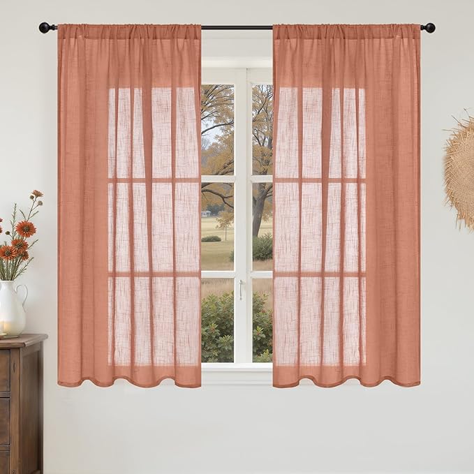 BGment Semi Sheer Curtains 48 Inch Length for Short Window, Terracotta Linen Drapes for Bedroom Kitchen Cafe Bathroom Decor with Rod Pocket Rustic Textured Lightweight, 2 Panels Set, Each 42 Inch Wide