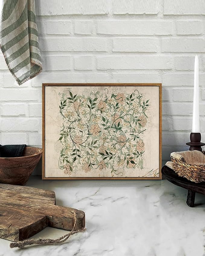 KISSFOX Vintage Floral Framed Wall Art Boho Green Beige Botanical Mandala Canvas Wall Art William Morris Farmhouse Natural Paintings Artwork Rustic Art Prints For Bedroom Bathroom Living Room