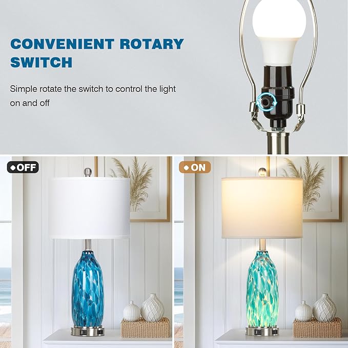 26" Peacock Green Glass Table Lamps Set of 2,Coastal Nautical Bedside Lamps with USB Ports & AC Outlet,Lamparas Elegantes para Cuarto with Night Light for Bedroom Living Room Decoration