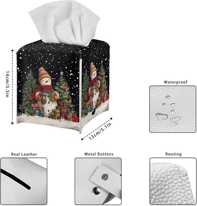 Christmas Tissue Box Cover Holder Square Facial Tissue Case Facial Paper Organizer Dispenser for Bathroom Bedroom Living Room Office Snowman PU Leather Napkin Boxes Covers