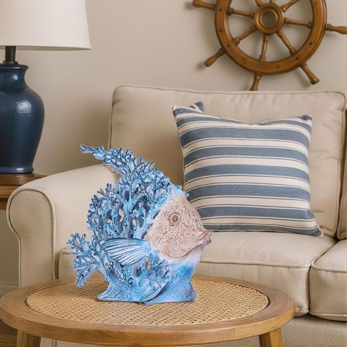 Beach Coastal Decor Turquoise Coral Reef Angelfish Figurines, Modern Nautical Decor Ocean Centerpieces for Living Room, Bathroom, Office, Coffee Table, Beach House, Seaside, Entrance, Shelf Decorative