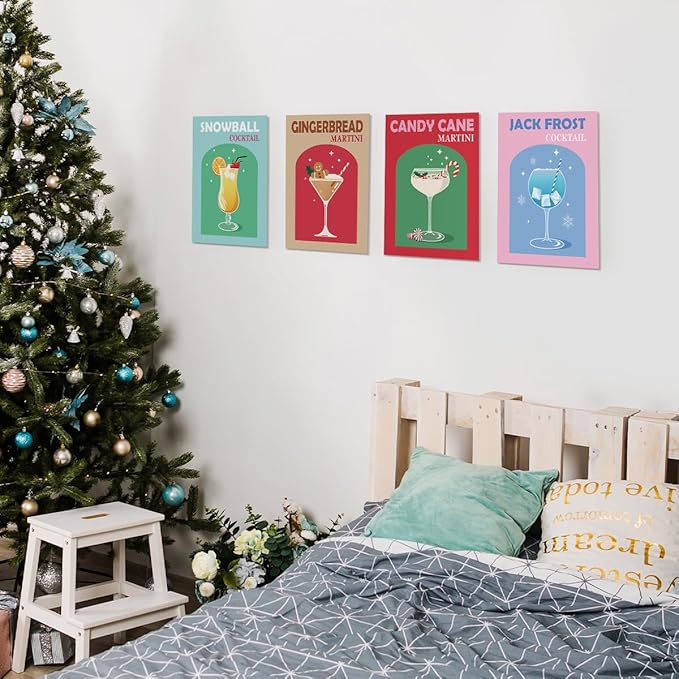Wheatwin Retro Cocktail Christmas Wall Art Prints Set of 4, Funny Gingerbread Alcoho Wine Glass Print Cute Preppy Posters Aesthetic, Dorm Decor, Bar Party Kitchen Decor, 8x10 (Unframed)