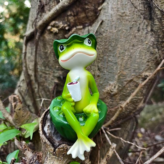 Frog Figurine Garden Decor for Outside, Frogs Statue Plant Decorations for Pots, Fairy Garden Figurines for Lawn Ornaments, Yard Decorations Outdoor, Frog Gifts for Women (1, Drink Frog)