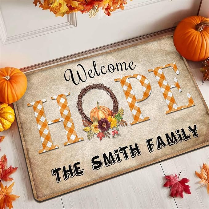 Custom Name Front Door Mat for Entryway Decor Welcome Fall Season Personalized Thanksgiving Welcome Mat Home Decor, Personalized Floor Mat for Autumn
