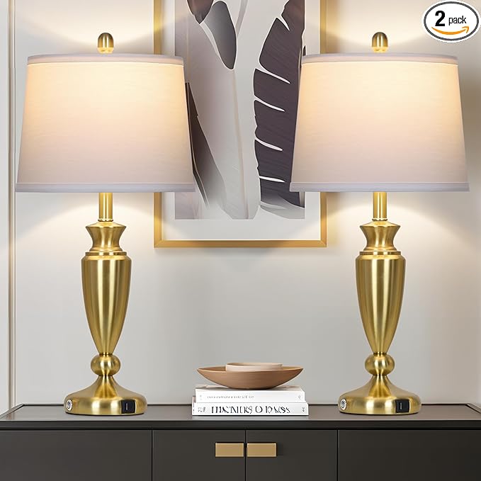 27'' Gold Table Lamps for Living Room with White Lampshade, 3 Way Touch Control Bedside Lamps Set of 2 with USB A+C Ports, Modern Metal Nightstand Lamp for Bedroom Office End Table
