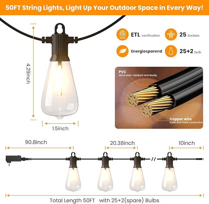 Kawaya Outdoor String Lights for Patio - ST38 Outside IP64 Waterproof Hanging Light with 2700k~6000k Dimmable - 50FT Led Edison Lights for Cafe Bistro Yard Gazebo Porch