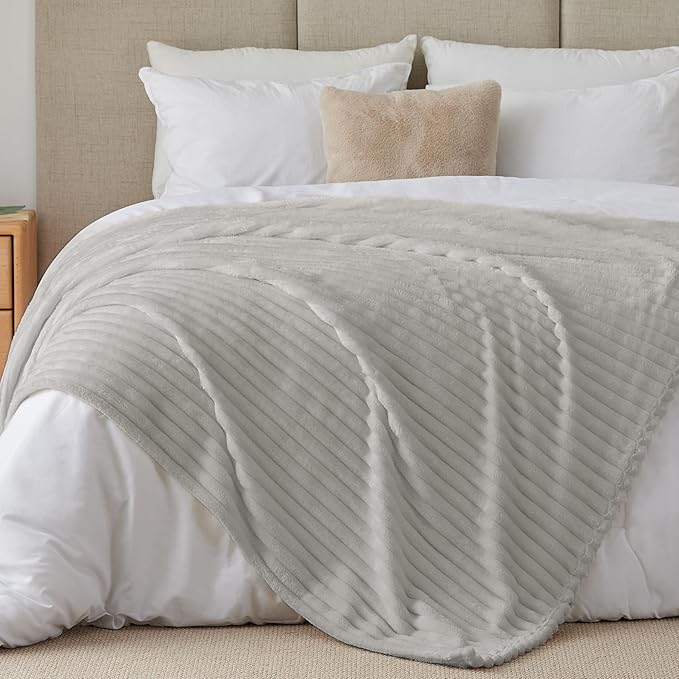 BEDELITE Blankets Queen Size for Bed, 300GSM Soft & Warm Fleece Blanket, Decorative and Giftable Striped Light Grey Blankets for Women, Men, 90"x90"