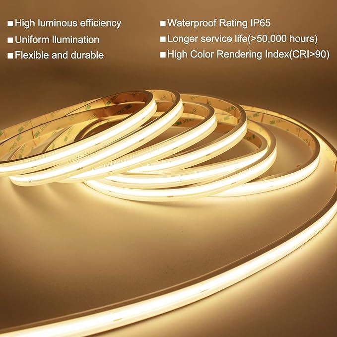 COB LED Strip Lights,2700K Warm White,24V led Light Strips Waterproof,480LEDs/M,16.4ft/5M,CRI90+ Outdoor cob led,Ip67 led Strip for Bathroom Decor,Pool,Garden,(Power Not Included)