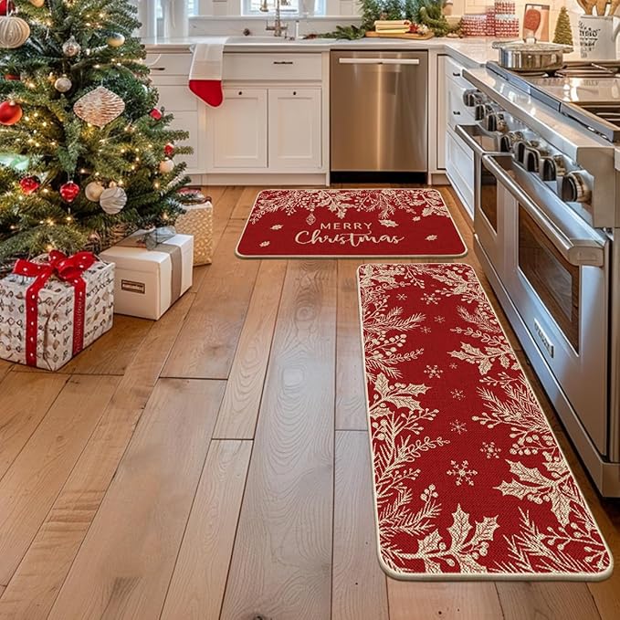 Artoid Mode Holly Pine Branches Leaves Merry Christmas Kitchen Mats Set of 2, Winter Decor Low-Profile Kitchen Rugs for Floor - 24x35 and 24x59 Inch