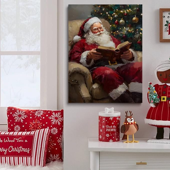 Framed Santa Reading Book Posters Christmas Canvas Print Wall Art Christmas Winter Wall Art Santa Claus Print Holiday Decor 24x36 framed