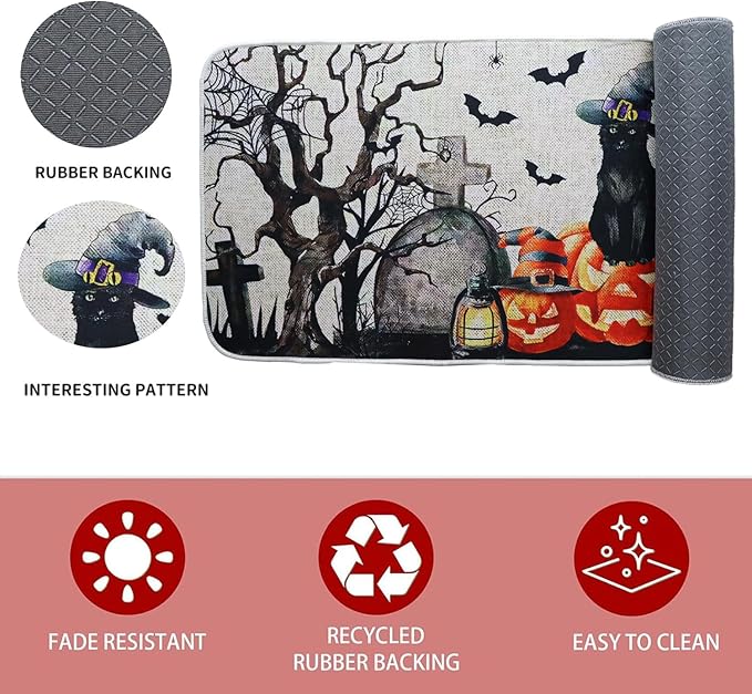 Halloween Kitchen Mats Set of 2, Halloween Decor Black Cat Pumpkin Rugs, Non-Slip Washable Kitchen Mats for Floor Kitchen Bathroom, Halloween Decorations for Home,17"x27+17"x47" 
