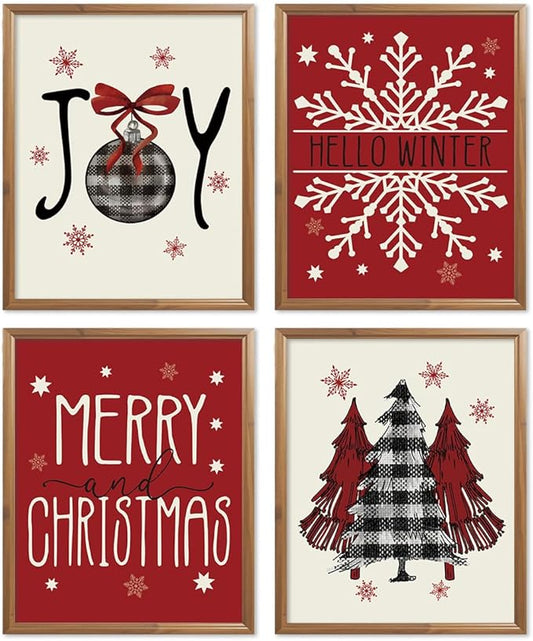 Wheatwin Christmas Wall Decor, Merry Christmas Wall Art Prints Set of 4, Christmas Trees Winter Decor for Farmhouse Living Room Bedroom Office, 8x10 (Unframed)