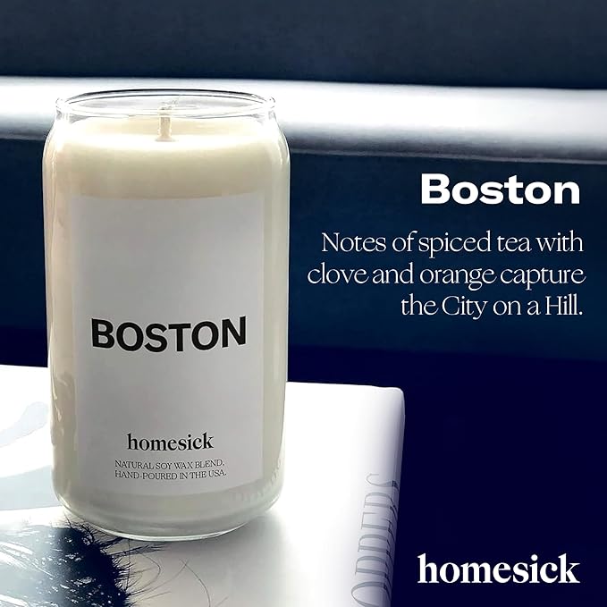 Homesick Scented Candles for Home (Boston) - 13.75 oz Long-Lasting Soy Wax Jar Candle for Women & Men for All Occasions, 60-80 Hours Burn Time - Notes of Orange, Tea & Nutmeg