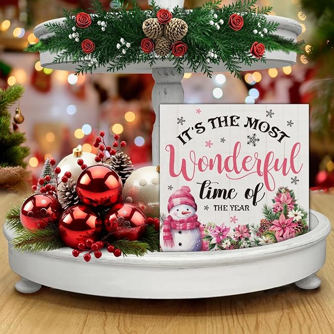Indoor Christmas Decorations, It's the Most Wonderful Time of the Year Wooden Sign, Snowman Wooden Block Sign, Farmhouse Christmas Decor for Table Shelf 5 x 5 Inch