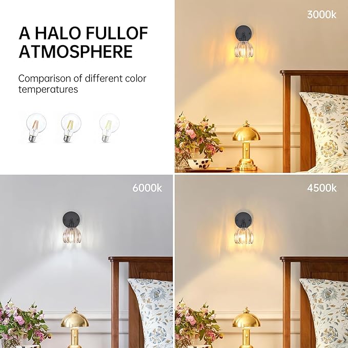 Vintage Wall Sconce with Cute Amber Tulip Glass Lampshade 180 Degree Adjustable Black Sconce Hradwired Modern Wall Lighting Fixture with Switch for Bedside Bedroom Doorway