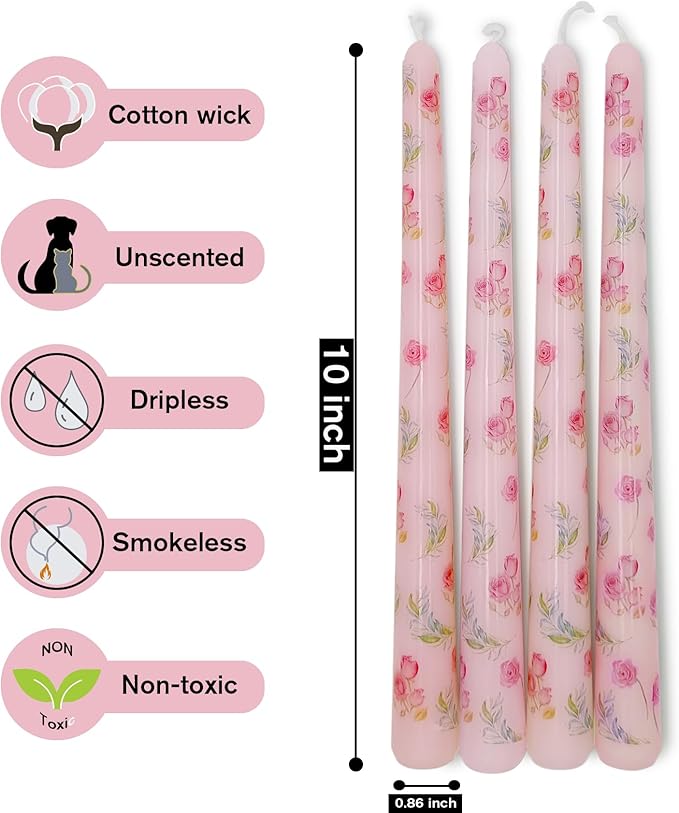 10 Inch Flower Taper Candles 4 Pcs Unscented, Smokeless, Dripless Long Tapered Candlesticks Candles for Mother's Day Birthday Dinner Dating Wedding Party Home Decor