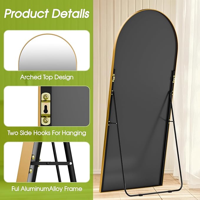 SUNQUEEN 71"x28" Floor Mirror Full Length, Arched Full Length Mirror with Stand, Full Body Mirrors for Bedroom Living Room or Cloakroom Gold