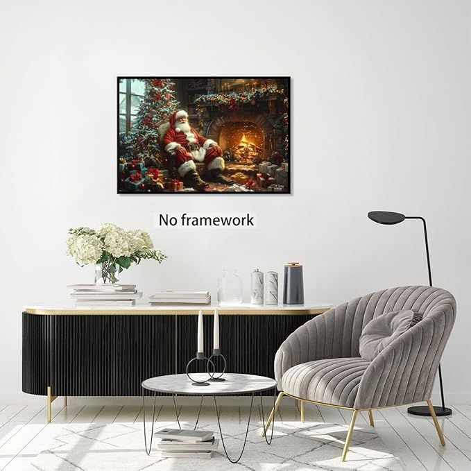 Vintage christmas wall art christmas tree gift canvas poster winter room holiday decor santa claus cozy fireplace decoration for living room bedroom Unframed24x16inch