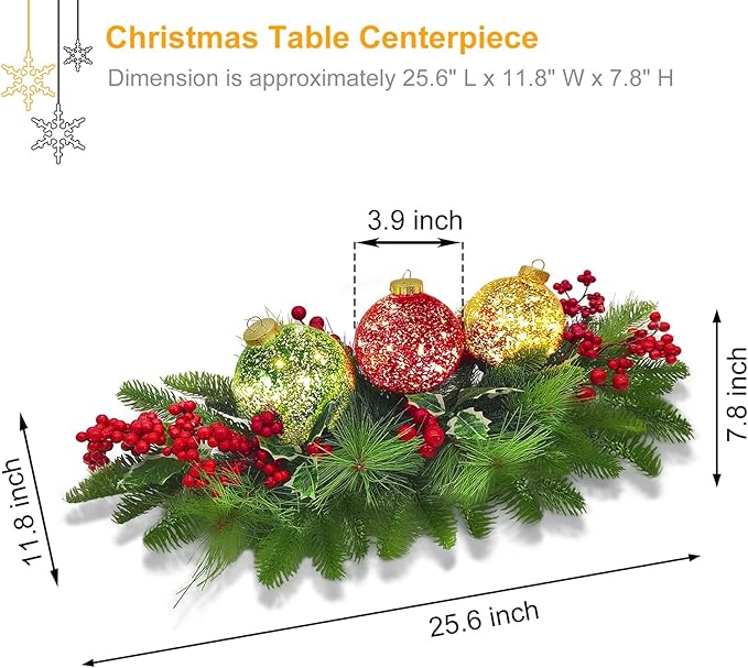 Christmas Table Centerpieces Decorations, Lighted Table Accent Centerpiece with LED Sparkle Baubles Battery Operated with Timer Holiday Candelabrum for Home Party Xmas Table Mantel Decoration