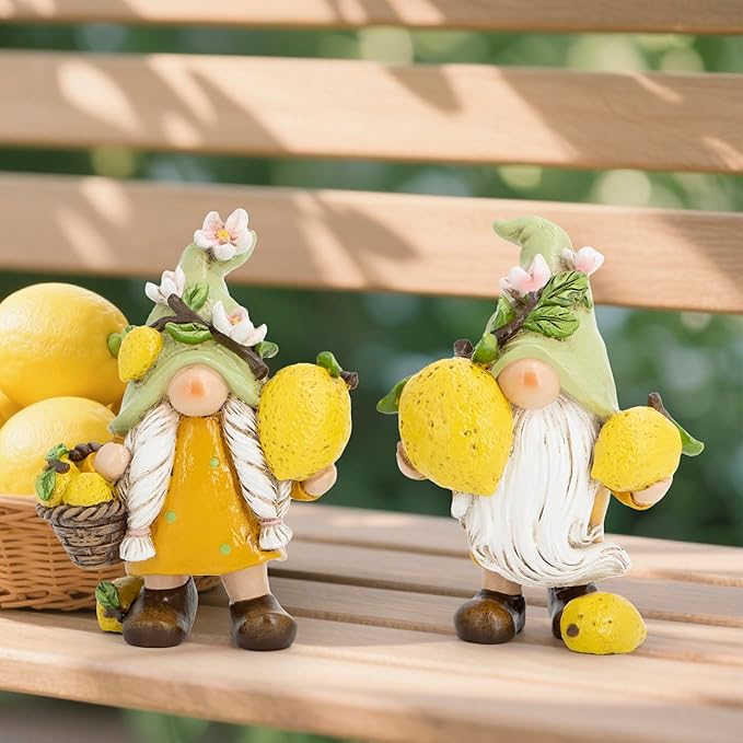 Hodao Set of 2 Lemon Gnome Figurines Sets - Lemon-Themed Gnomes Indoor Home Decor for Summer - Decorative Gnomes for Kitchen, Living Room, or Shelf - Cute Yellow Ornaments for Thanksgiving (Yellow-2)