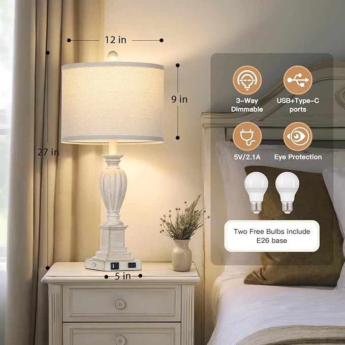 27" Farmhouse Table Lamps Set of 2 with USB C+A Ports & AC Outlet for Vintage Living Room Retro Bedroom,3-Way Dimmable Touch Lamp Resin Bedside Lamps for Nightstand Side End Table,Cream