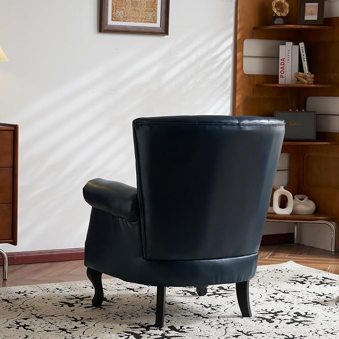 Modern Faux Leather Accent Chair, Upholstered Mid-Century Armchair with Solid Wood Legs, Single Sofa Chair for Living Room, Bedroom, or Reading Room(Navy)