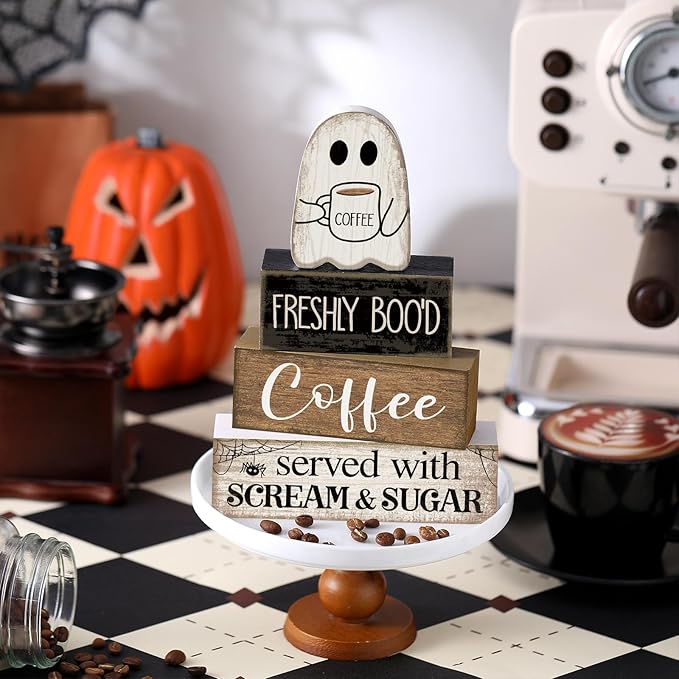 4 Pcs Halloween Table Decor Coffee Ghost Wooden Sign Halloween Tiered Tray Decor Farmhouse Ghost Tabletop Centerpiece Decorative Coffee Bar Block Signs for Home Office Kitchen Shelf