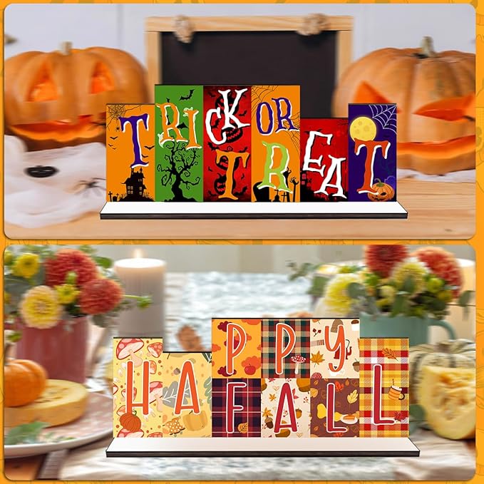 Fall Halloween Office Decor Wooden Table Desk Sign Decorations Reversible Double Side Halloween and Autumn Tabletop Sign Fall Thanksgiving Centerpiece Farmhouse Decor for Home Office Party Desk