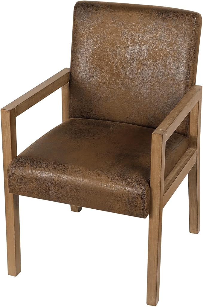 Bekrvio Dining Chairs, Upholstered Faux Leather Dining Chairs with Arms, Mid Century Modern Accent Chairs for Living Room, Arm Chairs with Wood Frame (1, Brown with Wood Arms)