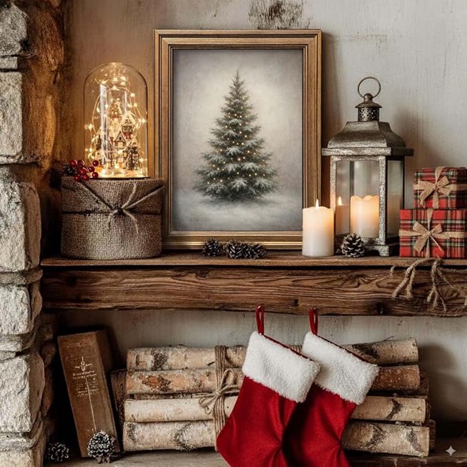 Gold Framed Vintage Christmas Tree Canvas Wall Art Farmhouse Rustic Pine Tree Winter Print Botanical Holiday Decor for Living Room Bedroom Entryway (Vintage Christmas Tree, 20L" x 16W")