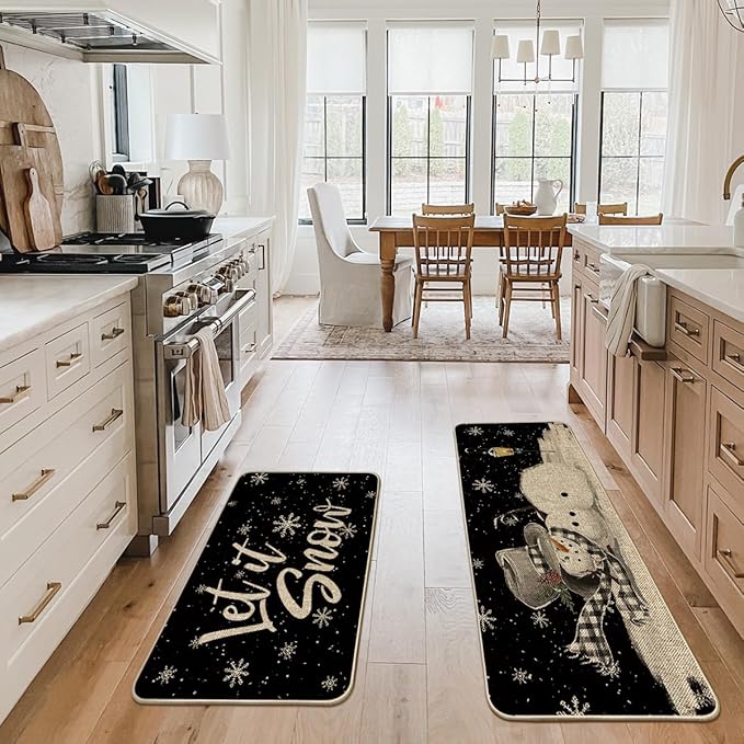 Artoid Mode Let It Snow Snowflake Snowman Light Christmas Decorative Kitchen Mats Set of 2, Home Party Low-Profile Kitchen Rugs - 24x35 and 24x59 Inch